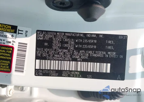 2021 Toyota Highlander Xle z USA, uszkodzony, nr VIN 5TDGZRBH4MS538876